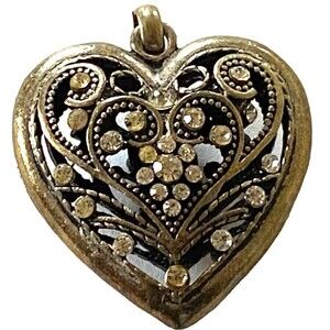 Large Puffy Heart Necklace Pendant Gold Tone Rhinestone Statement Open Work
